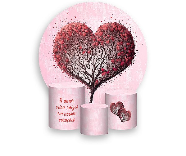 Painel De Festa Redondo 1,50 x 1,50 + Trio De Capas Cilindro - Dia Dos Namorados Árvore do Amor 043