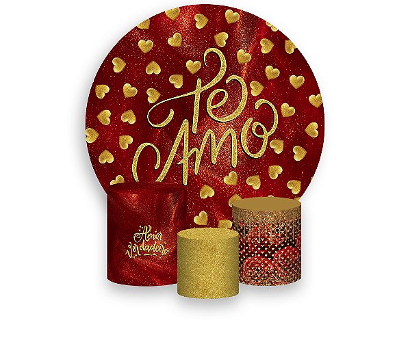 Painel De Festa Redondo 1,50 x 1,50 + Trio De Capas Cilindro - Namorados Te Amo Dourado e Vermelho 083