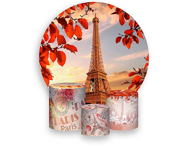 Painel De Festa Redondo 1,50 x 1,50 + Trio De Capas Cilindro - Paris Torre Eiffel Aquarela 001