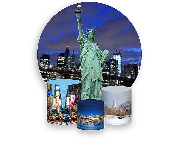 Painel De Festa Redondo 1,50 x 1,50 + Trio De Capas Cilindro - Nova York Realista 009