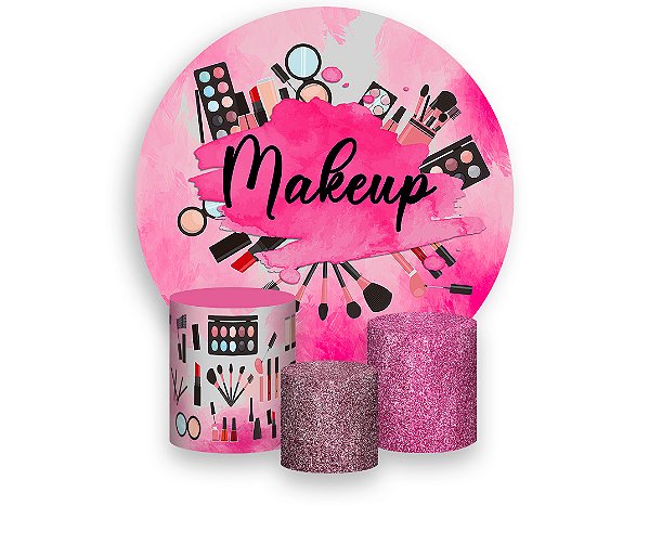 Painel De Festa Redondo 1,50 x 1,50 + Trio De Capas Cilindro - Makeup Maquiagem Rosa 001