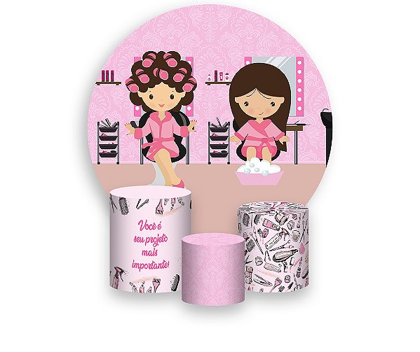 Painel De Festa Redondo 1,50 x 1,50 + Trio De Capas Cilindro - Salão de Beleza Rosa 003