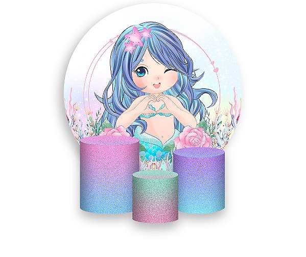 Painel De Festa Redondo 1,50 x 1,50 + Trio De Capas Cilindro - Sereia Candy 007
