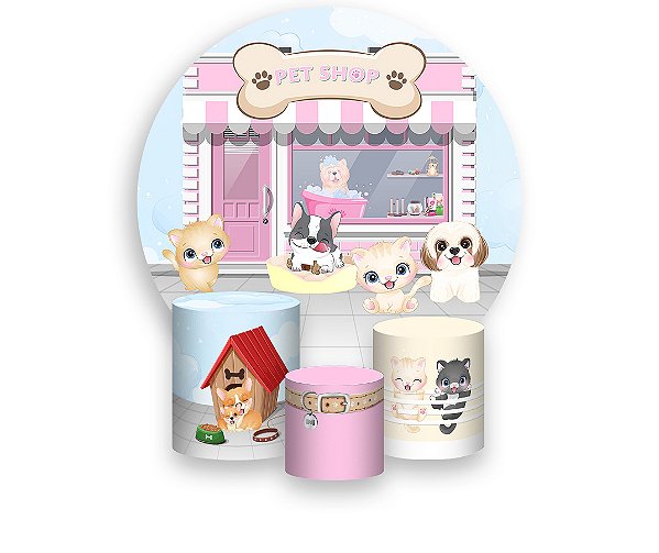Painel De Festa Redondo 1,50 x 1,50 + Trio De Capas Cilindro - Cachorrinhos Pet Shop Rosa 008
