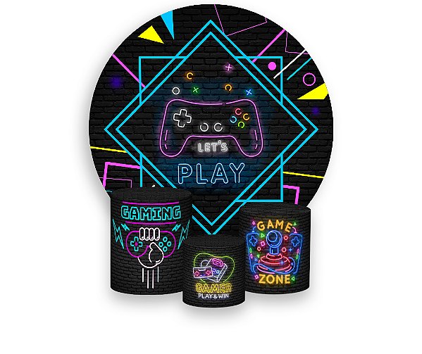 Painel De Festa Redondo 1,50 x 1,50 + Trio De Capas Cilindro - Video Game Retro 001