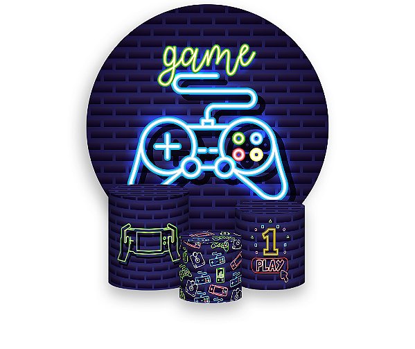 Painel De Festa Redondo 1,50 x 1,50 + Trio De Capas Cilindro - Video Game Jogos 011