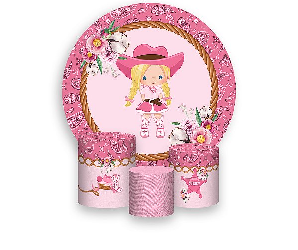 Painel De Festa Redondo 1,50 x 1,50 + Trio De Capas Cilindro - Boiadeira Loira Flores Rosa 018