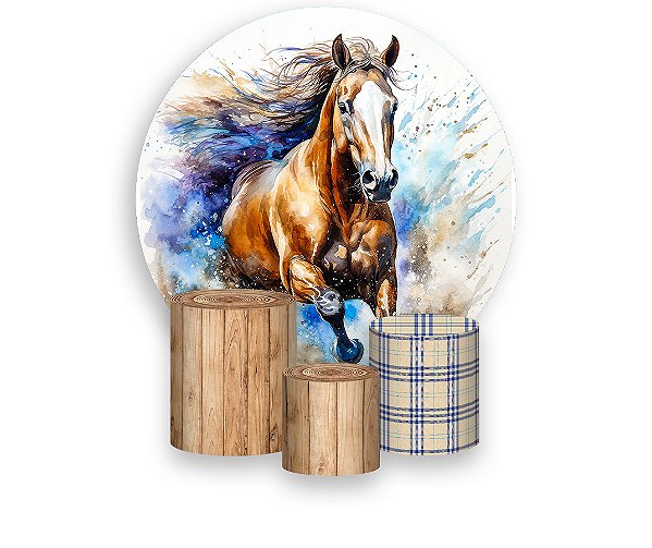 Painel De Festa Redondo 1,50 x 1,50 + Trio De Capas Cilindro - Country Cavalo Boiadeiro Azul 022