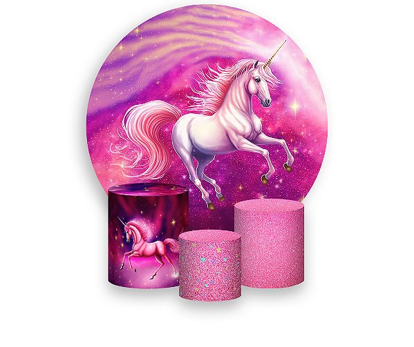 Painel De Festa Redondo 1,50 x 1,50 + Trio De Capas Cilindro - Unicórnio Efeito Glitter Rosa 009