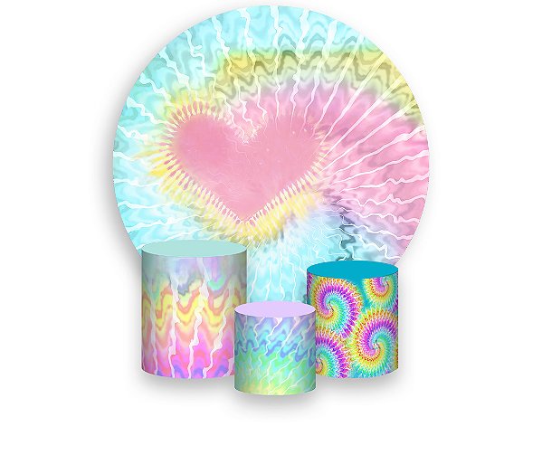 Painel De Festa Redondo 1,50 x 1,50 + Trio De Capas Cilindro -  Tie Dye Heart 003