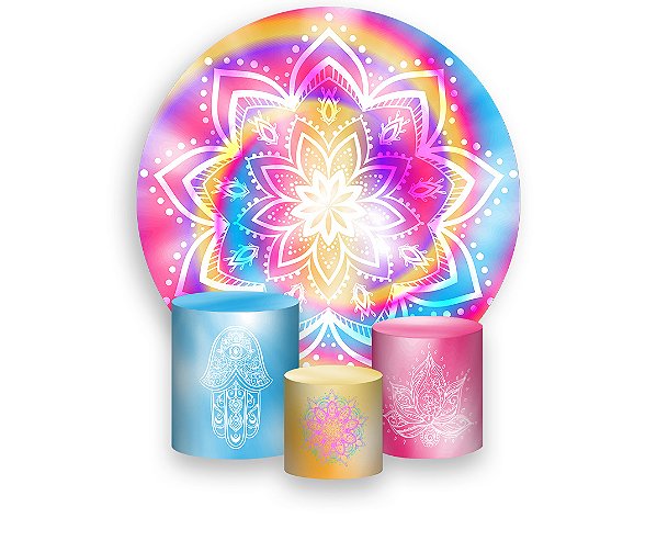 Painel De Festa Redondo 1,50 x 1,50 + Trio De Capas Cilindro - Tie Dye Mandala Hippie 005