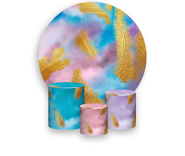 Painel De Festa Redondo 1,50 x 1,50 + Trio De Capas Cilindro - Tie Dye com Dourado 007