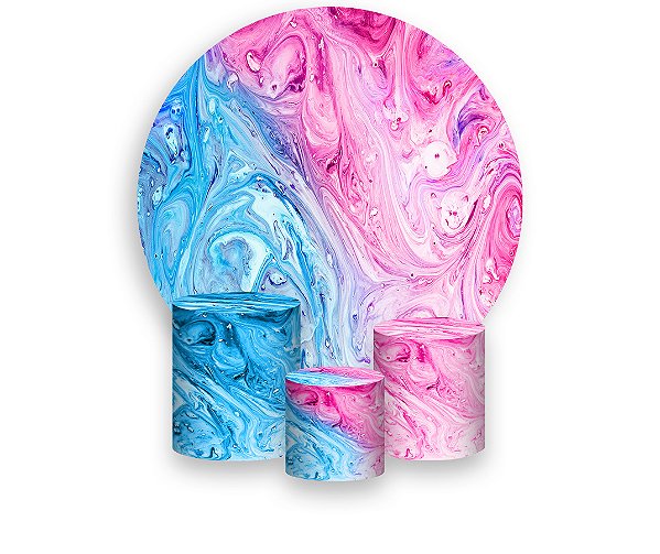 Painel De Festa Redondo 1,50 x 1,50 + Trio De Capas Cilindro - Tie Dye Rosa e Azul 008