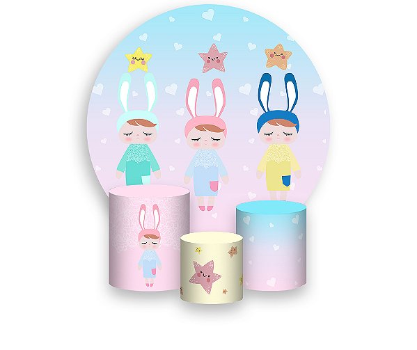 Painel De Festa Redondo 1,50 x 1,50 + Trio De Capas Cilindro - Metoo Desenho Estrelas 001