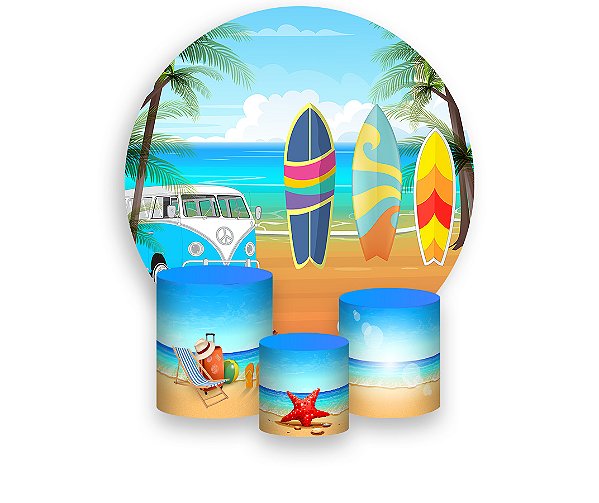 Painel De Festa Redondo 1,50 x 1,50 + Trio De Capas Cilindro - Praia Beach Surf 002