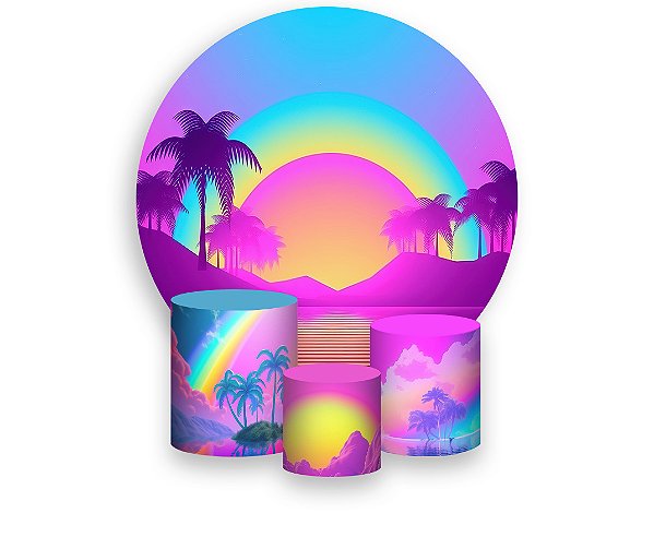 Painel De Festa Redondo 1,50 x 1,50 + Trio De Capas Cilindro - Tardezinha Retrowave 008