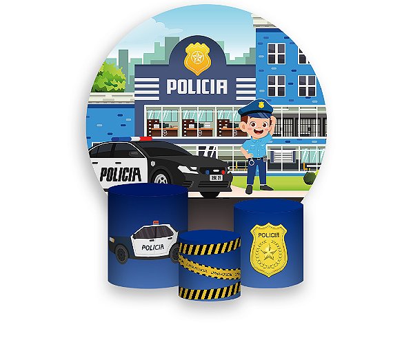 Painel De Festa Redondo 1,50 x 1,50 + Trio De Capas Cilindro - Policia Cute 002