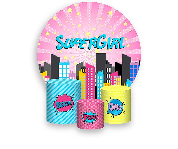 Painel De Festa Redondo 1,50 x 1,50 + Trio De Capas Cilindro - SuperGirl HQ Cute 003