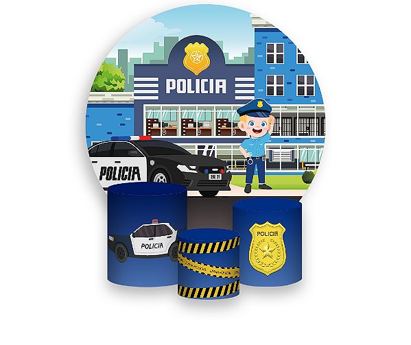 Painel De Festa Redondo 1,50 x 1,50 + Trio De Capas Cilindro - Policia Loiro 014