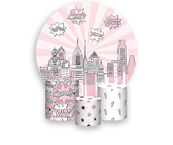 Painel De Festa Redondo 1,50 x 1,50 + Trio De Capas Cilindro -  Super Heroína Rosa 019