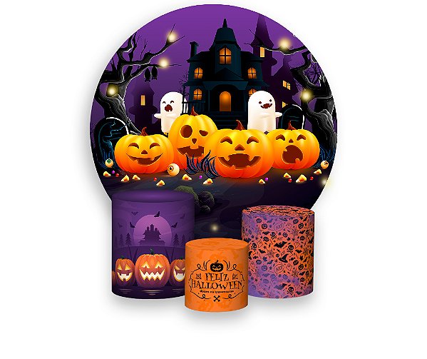 Painel De Festa Redondo 1,50 x 1,50 + Trio De Capas Cilindro - Halloween Abóboras e Fantasmas 004