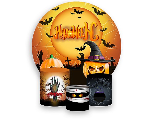 Painel De Festa Redondo 1,50 x 1,50 + Trio De Capas Cilindro - Halloween Alaranjado 007