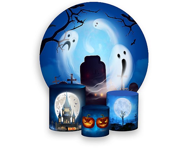 Painel De Festa Redondo 1,50 x 1,50 + Trio De Capas Cilindro - Halloween Cemitério Fantasmas 014