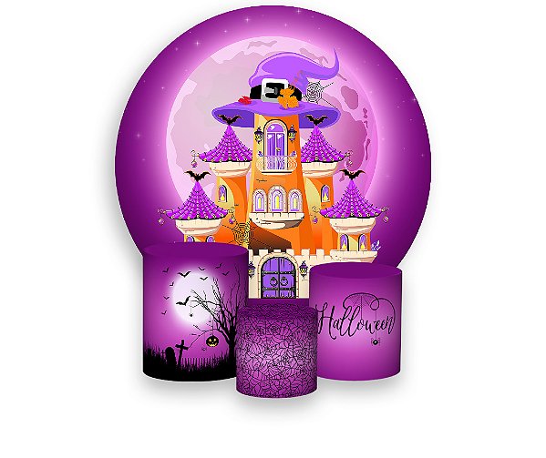 Painel De Festa Redondo 1,50 x 1,50 + Trio De Capas Cilindro -  Halloween Roxo Casa Bruxa 016