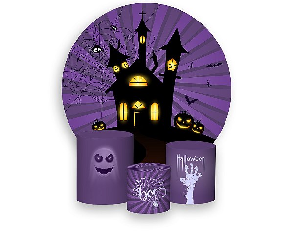 Painel De Festa Redondo 1,50 x 1,50 + Trio De Capas Cilindro - Halloween Roxo Castelo 018