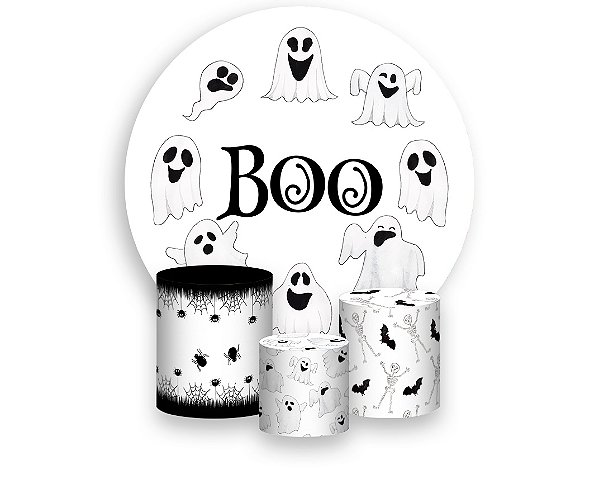 Painel De Festa Redondo 1,50 x 1,50 + Trio De Capas Cilindro - Halloween Fantasminhas Boo 025