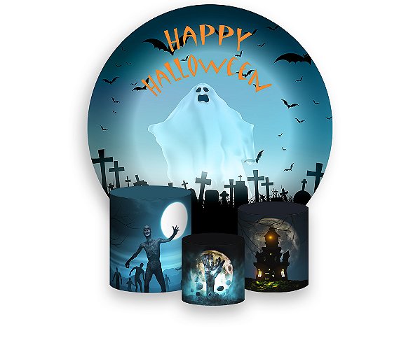 Painel De Festa Redondo 1,50 x 1,50 + Trio De Capas Cilindro - Happy Halloween Fantasma 028