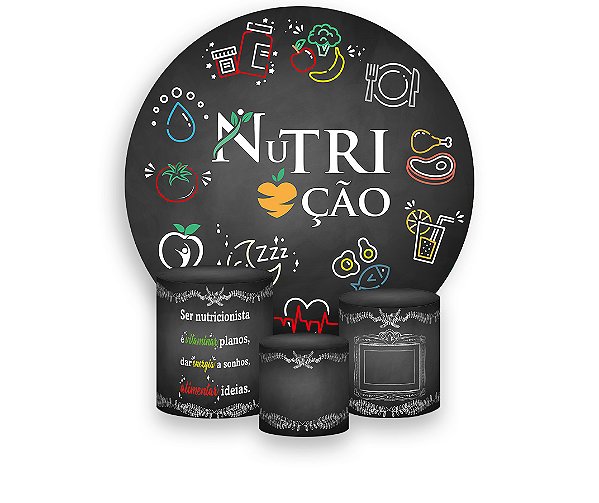 Painel De Festa Redondo 1,50 x 1,50 + Trio De Capas Cilindro - Profissão Nutrição Chalkboard 012