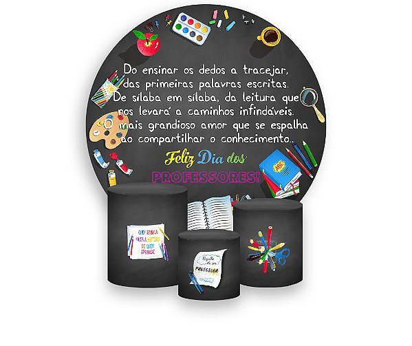 Painel De Festa Redondo 1,50 x 1,50 + Trio De Capas Cilindro - Dia dos Professores Mesa de Estudo 018