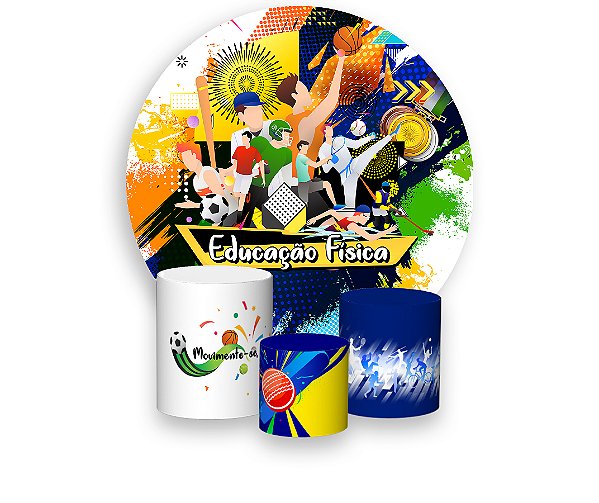 Painel De Festa Redondo 1,50 x 1,50 + Trio De Capas Cilindro - Profissão Educação Física Esportistas 023