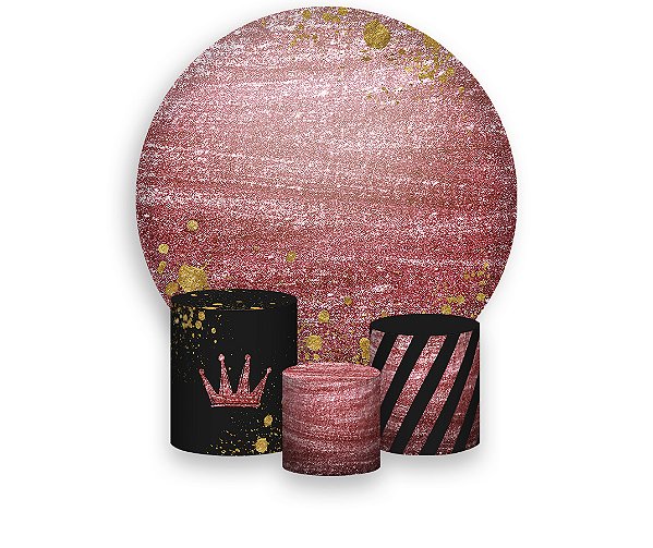 Painel De Festa Redondo 1,50 x 1,50 + Trio De Capas Cilindro - Efeito Glitter Rosa Metalizado 018
