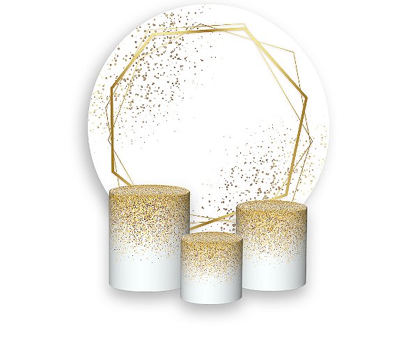 Painel De Festa Redondo 1,50 x 1,50 + Trio De Capas Cilindro - Efeito Glitter Dourado e Branco 024
