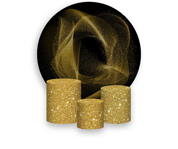 Painel De Festa Redondo 1,50 x 1,50 + Trio De Capas Cilindro - Dourado Efeito Glitter Brilhante 027