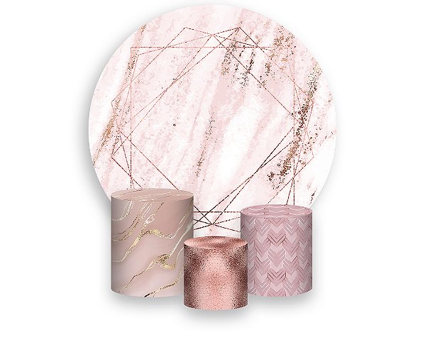 Painel De Festa Redondo 1,50 x 1,50 + Trio De Capas Cilindro - Efeito Mármore Rose Gold 029