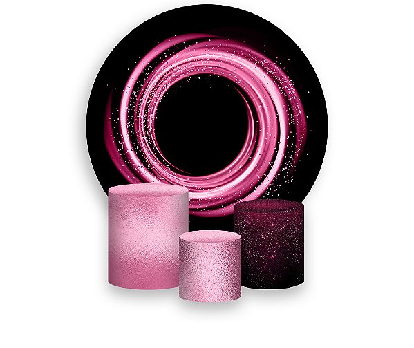 Painel De Festa Redondo 1,50 x 1,50 + Trio De Capas Cilindro - Preto Efeito Glitter Rosa 054
