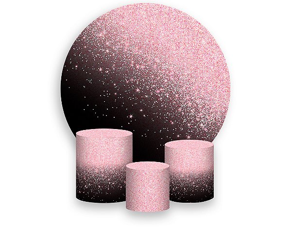 Painel De Festa Redondo 1,50 x 1,50 + Trio De Capas Cilindro - Efeito Glitter Rosa e Preto 055