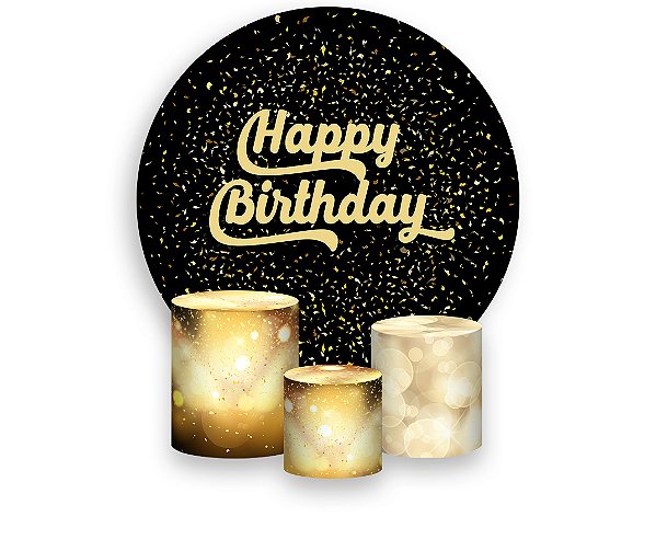 Painel De Festa Redondo 1,50 x 1,50 + Trio De Capas Cilindro - Happy Birthday Confetes Dourados 078