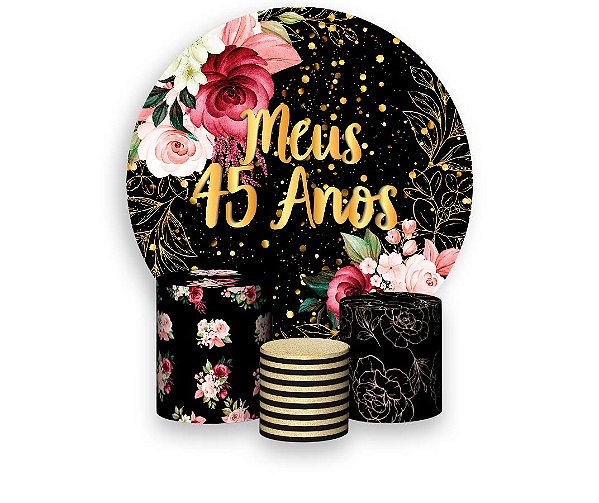 Painel De Festa Redondo 1,50 x 1,50 + Trio De Capas Cilindro - Flores Meus 45 Anos Dourado 082