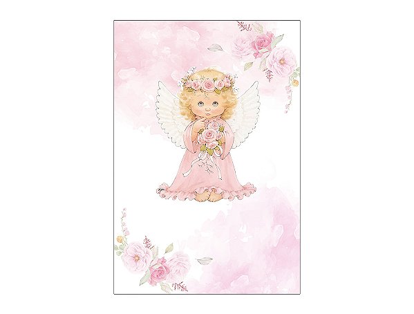 Painel De Festa Vertical 1,50 x 2,20 - Batizado Anjinha Rosa Floral 012