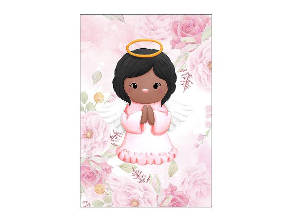 Painel De Festa Vertical 1,50 x 2,20 - Batizado Anjinha Rosa Floral 026