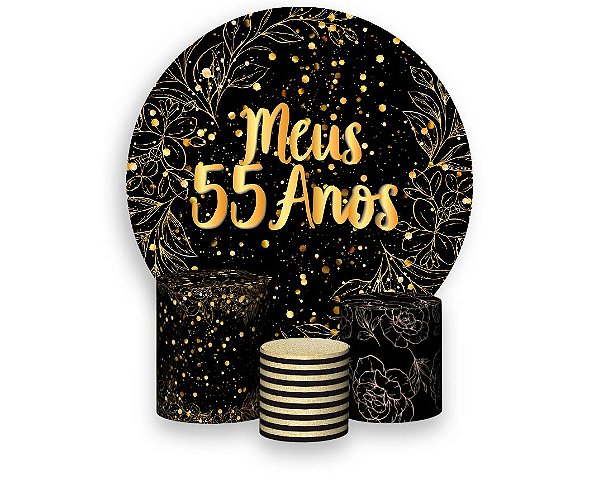 Painel De Festa Redondo 1,50 x 1,50 + Trio De Capas Cilindro - Efeito Brilho Meus  55 Anos Dourado 120