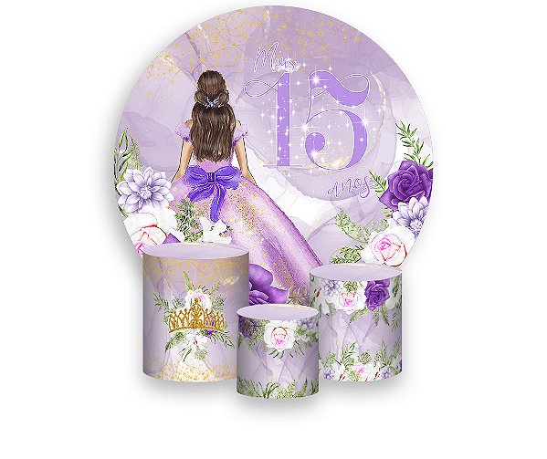 Painel De Festa Redondo 1,50 x 1,50 + Trio De Capas Cilindro - 15 Anos Princesa Lilás 143