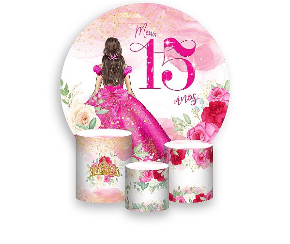 Painel De Festa Redondo 1,50 x 1,50 + Trio De Capas Cilindro - 15 Anos Princesa  Pink 144
