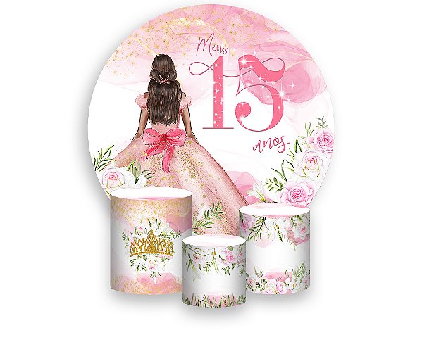 Painel De Festa Redondo 1,50 x 1,50 + Trio De Capas Cilindro - 15 Anos Princesa Rosa 145