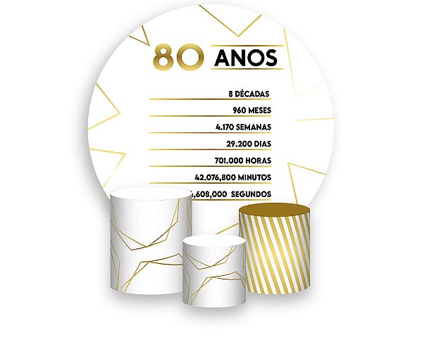 Painel De Festa Redondo 1,50 x 1,50 + Trio De Capas Cilindro - Efeito Geométrico Dourado 80 Anos 153