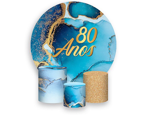 Painel De Festa Redondo 1,50 x 1,50 + Trio De Capas Cilindro - Efeito Mármore Azul com Dourado Idade 80 Anos 173